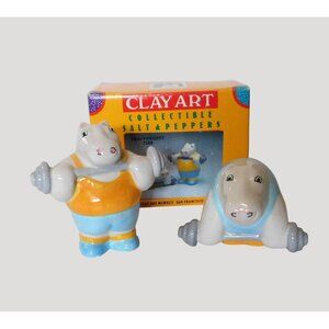 Clay Art Vintage 1992 Salt Pepper Shakers Hippo Weight Lifters Ceramic 7588